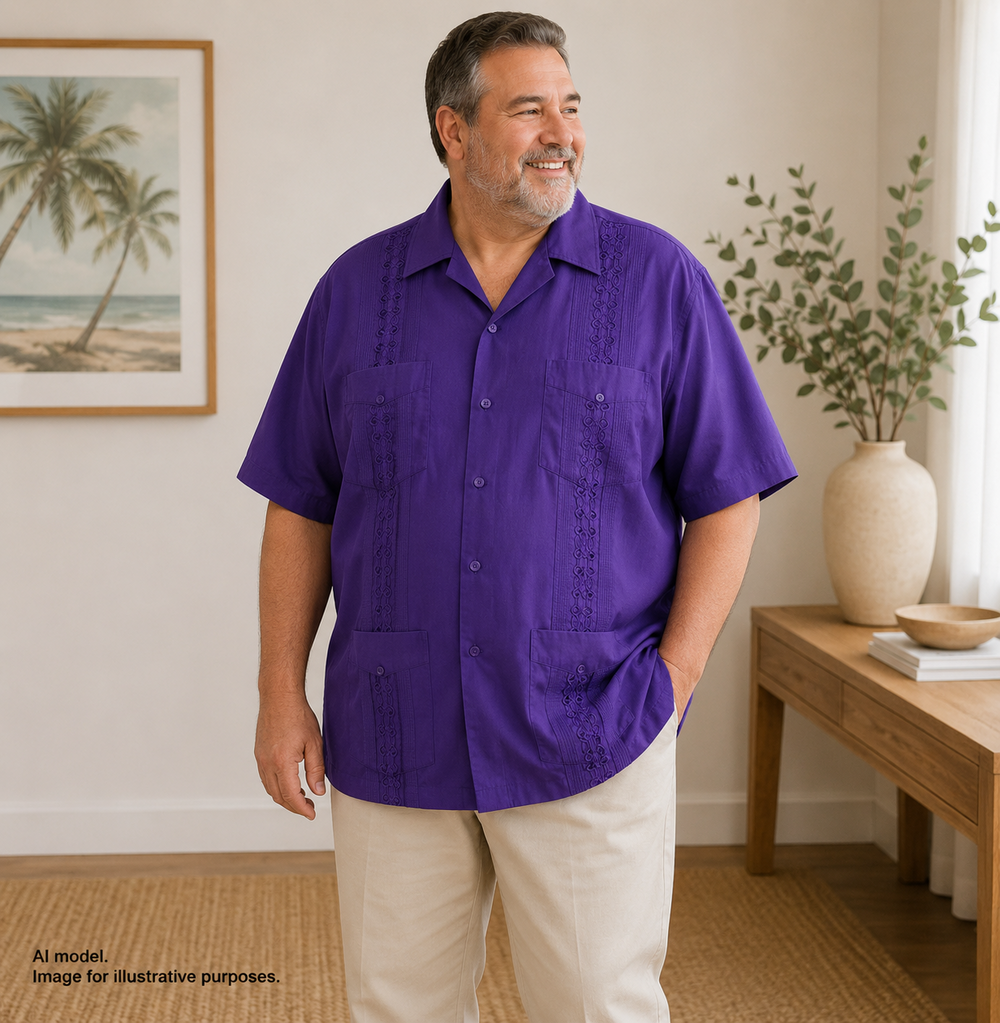Allsense Shirt Mens 2XL Purple Embroidered Guayabera Button Up Short Sleeve